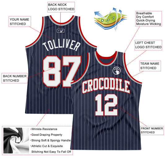 Custom Navy White Pinstripe White Gray-Red Authentic Basketball Jersey - Sky-Custom