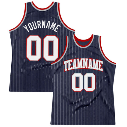 Custom Navy White Pinstripe White Gray-Red Authentic Basketball Jersey - Sky-Custom
