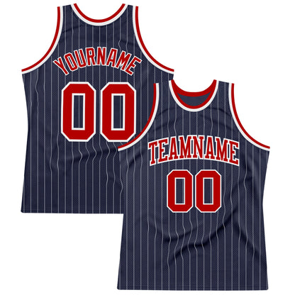 Custom Navy White Pinstripe Red Authentic Basketball Jersey - Sky-Custom