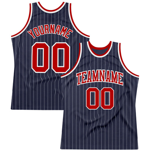 Custom Navy White Pinstripe Red Authentic Basketball Jersey - Sky-Custom