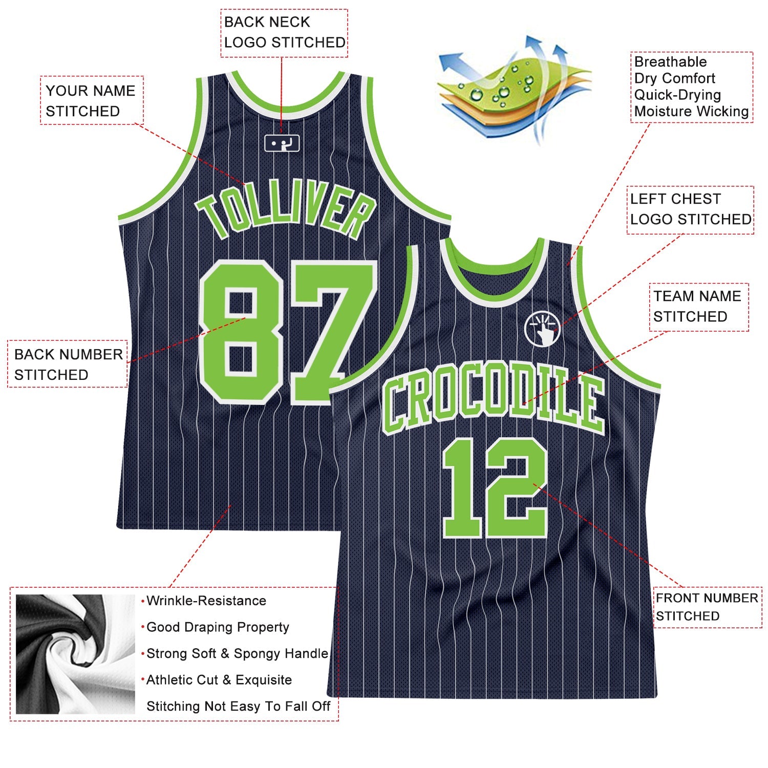 Custom Navy White Pinstripe Neon Green Authentic Basketball Jersey - Sky-Custom