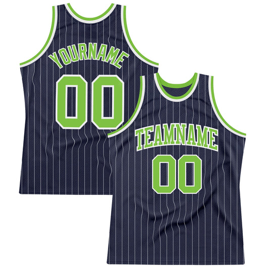 Custom Navy White Pinstripe Neon Green Authentic Basketball Jersey - Sky-Custom