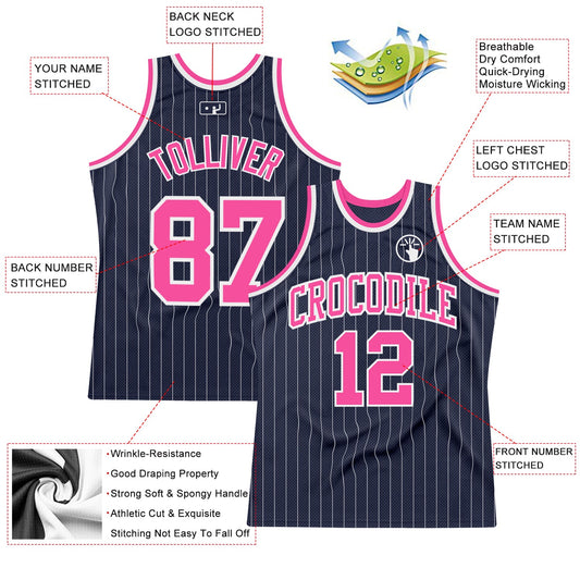 Custom Navy White Pinstripe Pink Authentic Basketball Jersey - Sky-Custom