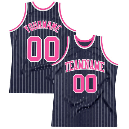 Custom Navy White Pinstripe Pink Authentic Basketball Jersey - Sky-Custom