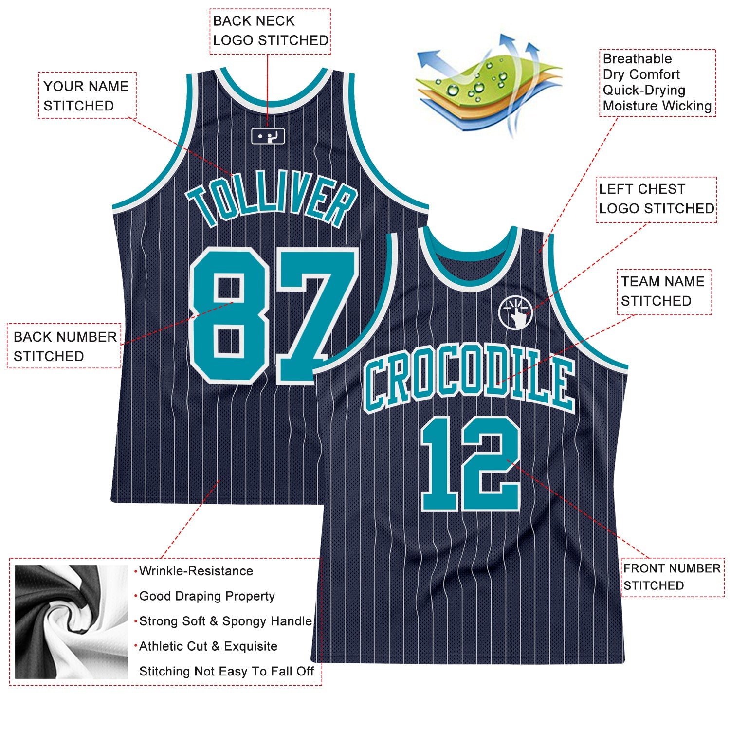 Custom Navy White Pinstripe Teal Authentic Basketball Jersey - Sky-Custom