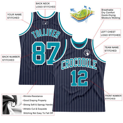 Custom Navy White Pinstripe Teal Authentic Basketball Jersey - Sky-Custom