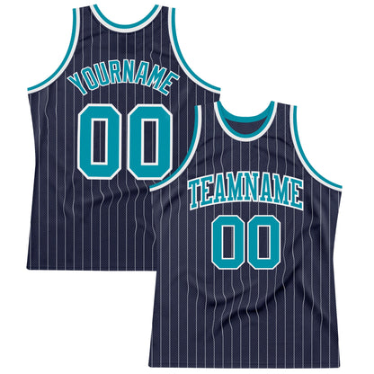 Custom Navy White Pinstripe Teal Authentic Basketball Jersey - Sky-Custom