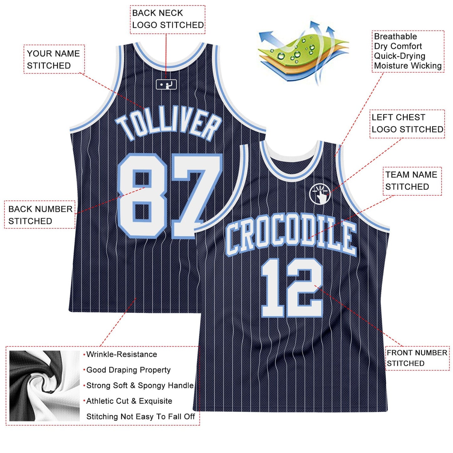 Custom Navy White Pinstripe White-Light Blue Authentic Basketball Jersey - Sky-Custom