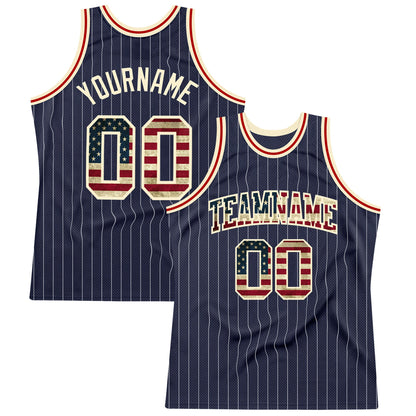 Custom Navy White Pinstripe Vintage USA Flag Cream-Red Authentic Basketball Jersey - Sky-Custom