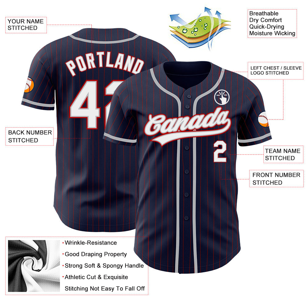 Custom Navy Red Pinstripe White-Gray Authentic Baseball Jersey - Sky-Custom