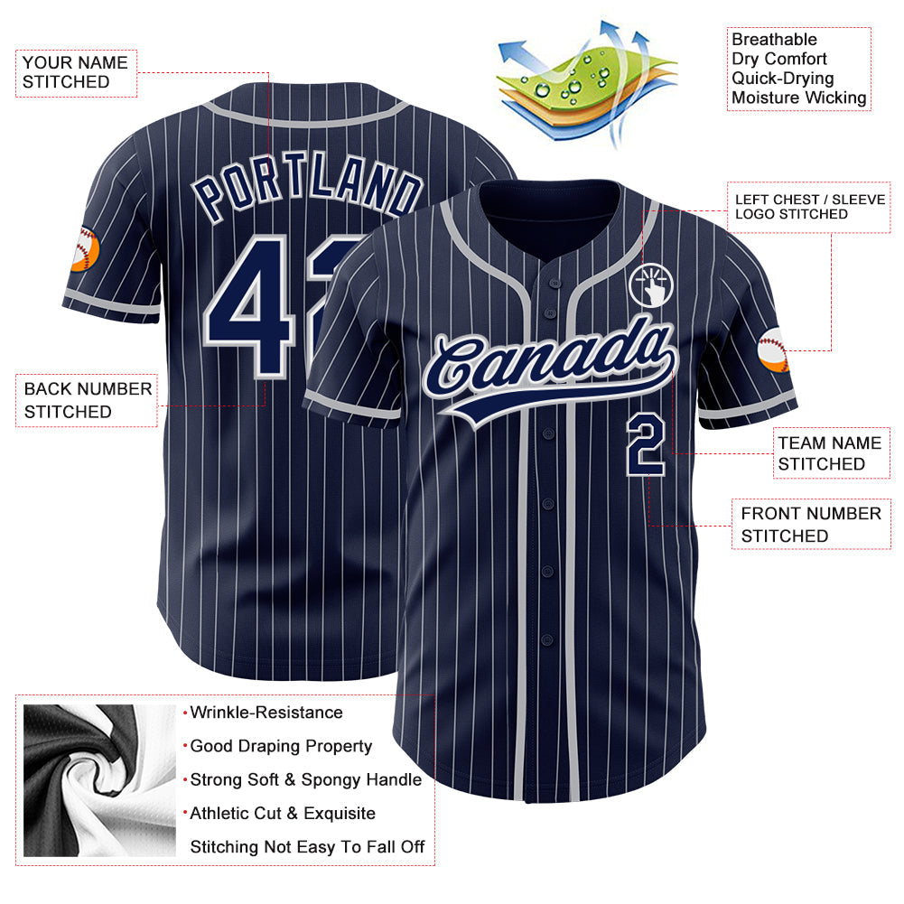 Custom Navy White Pinstripe Gray Authentic Baseball Jersey - Sky-Custom
