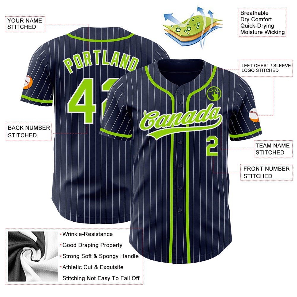 Custom Navy White Pinstripe Neon Green Authentic Baseball Jersey - Sky-Custom