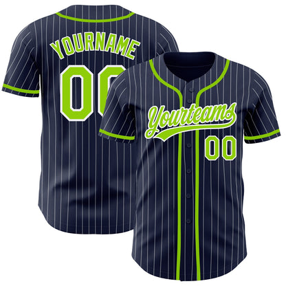 Custom Navy White Pinstripe Neon Green Authentic Baseball Jersey - Sky-Custom