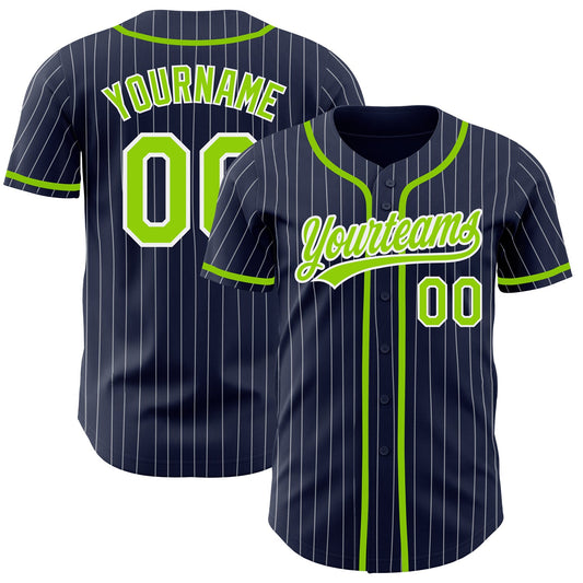 Custom Navy White Pinstripe Neon Green Authentic Baseball Jersey - Sky-Custom