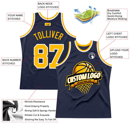 Custom Navy Gold-White Authentic Throwback Basketball Jersey - Sky-Custom