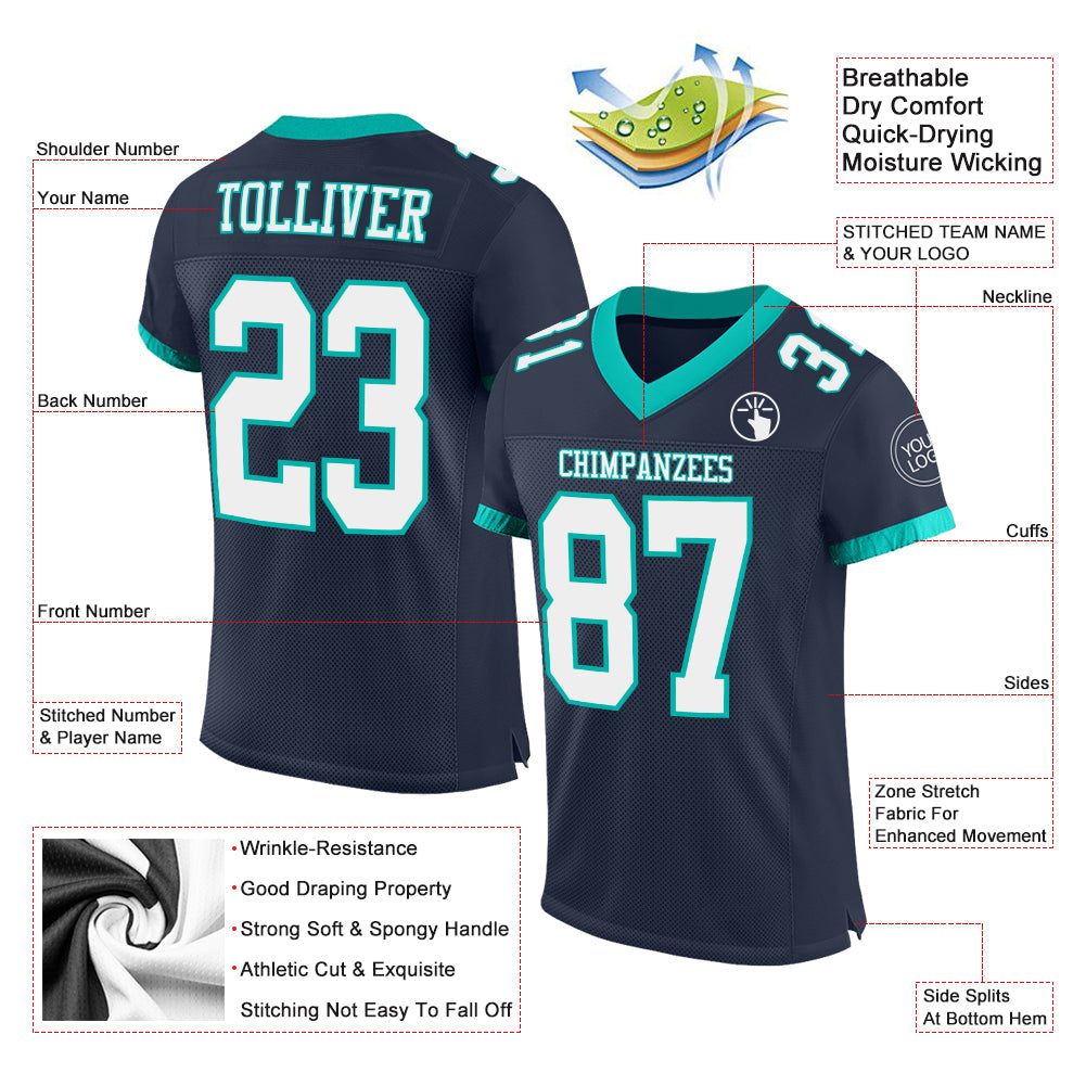 Custom Navy White-Aqua Mesh Authentic Football Jersey - Sky-Custom