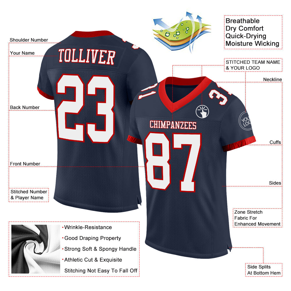 Custom Navy White-Red Mesh Authentic Football Jersey - Sky-Custom