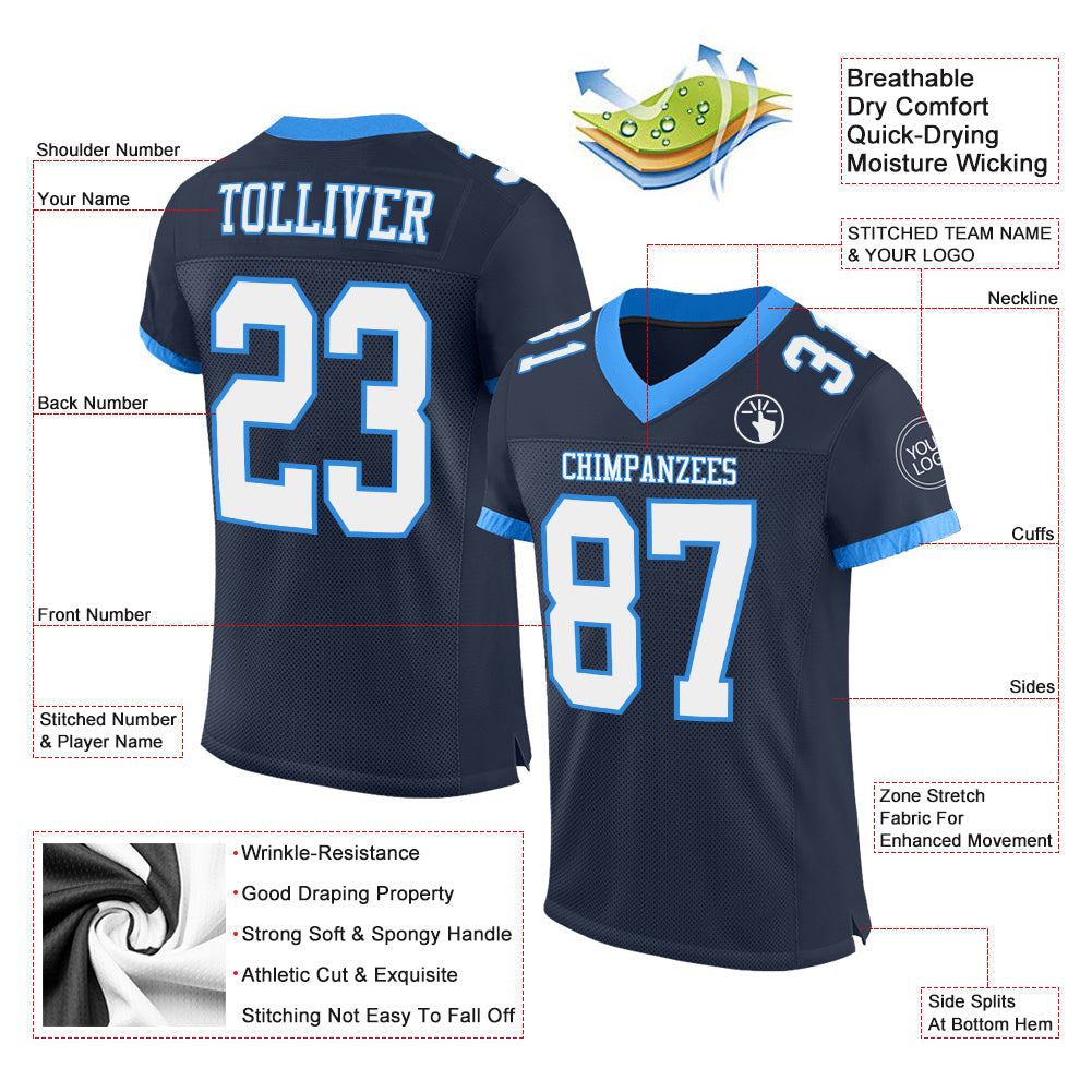 Custom Navy White-Powder Blue Mesh Authentic Football Jersey - Sky-Custom