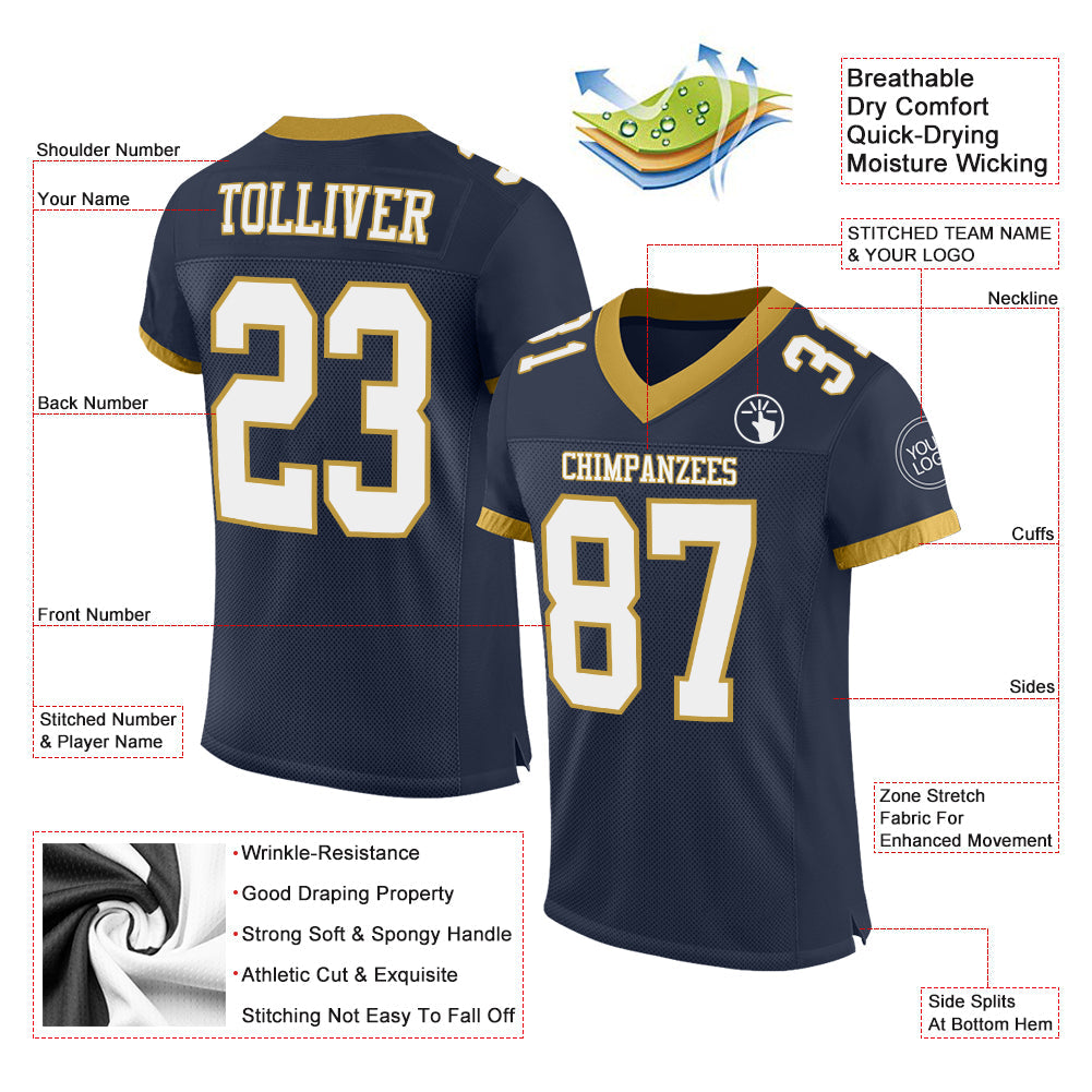 Custom Navy White-Old Gold Mesh Authentic Football Jersey - Sky-Custom