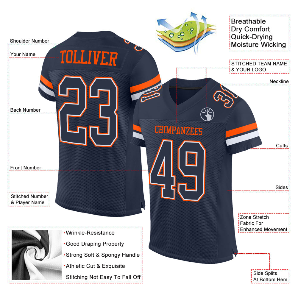 Custom Navy White-Orange Mesh Authentic Football Jersey - Sky-Custom