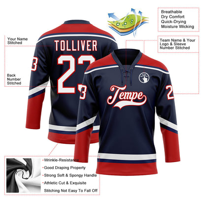 Custom Navy White-Red Hockey Lace Neck Jersey - Sky-Custom