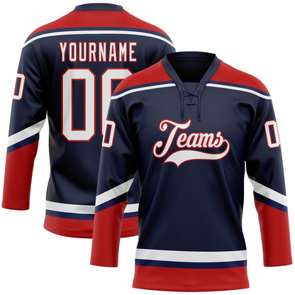 Custom Navy White-Red Hockey Lace Neck Jersey - Sky-Custom