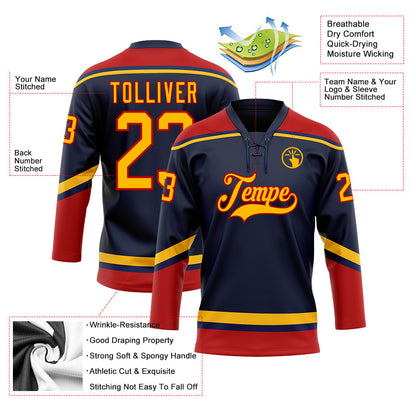 Custom Navy Gold-Red Hockey Lace Neck Jersey - Sky-Custom
