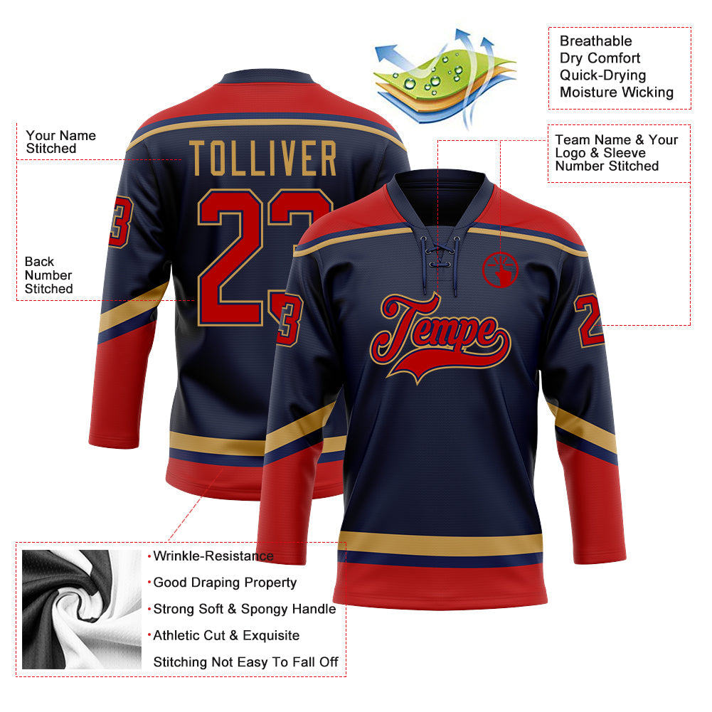 Custom Navy Red-Old Gold Hockey Lace Neck Jersey - Sky-Custom