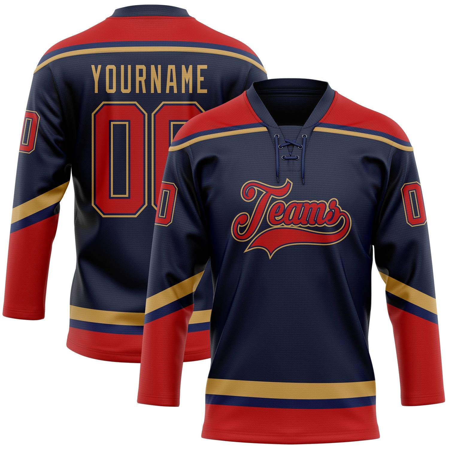 Custom Navy Red-Old Gold Hockey Lace Neck Jersey - Sky-Custom