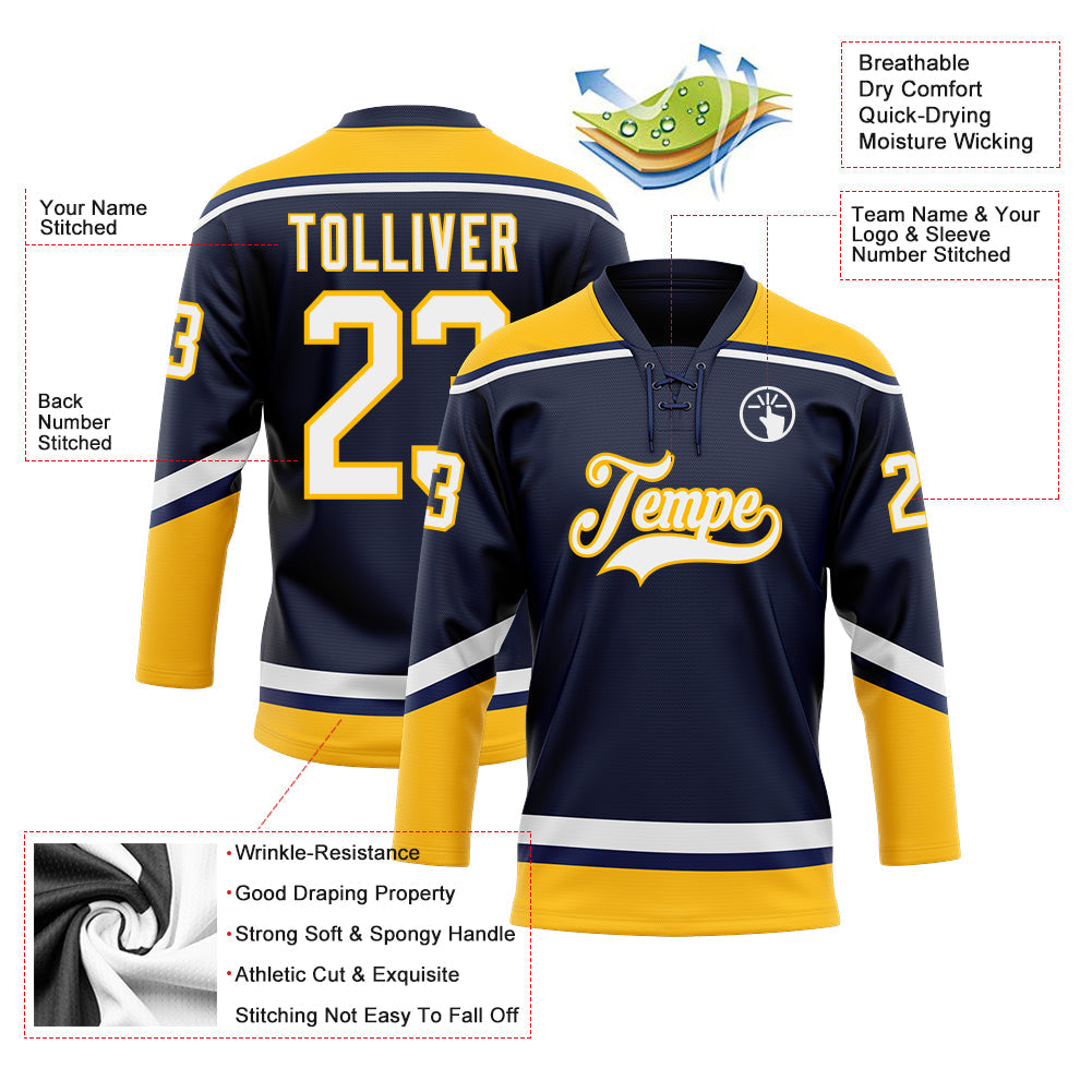 Custom Navy White-Gold Hockey Lace Neck Jersey - Sky-Custom