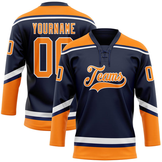 Custom Navy Bay Orange-White Hockey Lace Neck Jersey - Sky-Custom