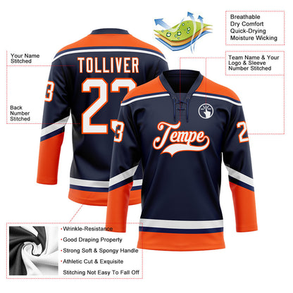 Custom Navy White-Orange Hockey Lace Neck Jersey - Sky-Custom