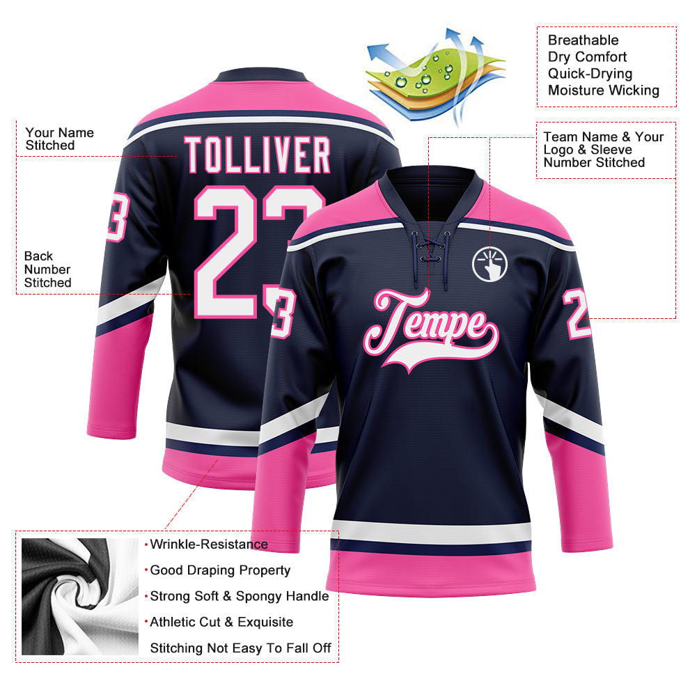 Custom Navy White-Pink Hockey Lace Neck Jersey - Sky-Custom