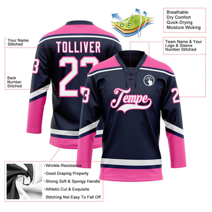 Custom Navy White-Pink Hockey Lace Neck Jersey - Sky-Custom