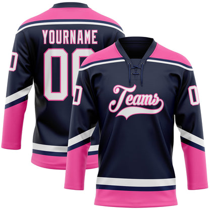 Custom Navy White-Pink Hockey Lace Neck Jersey - Sky-Custom