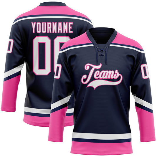 Custom Navy White-Pink Hockey Lace Neck Jersey - Sky-Custom