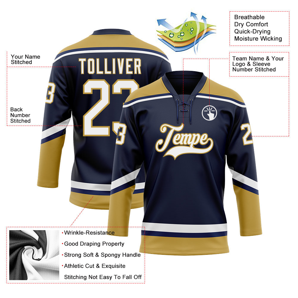 Custom Navy White-Old Gold Hockey Lace Neck Jersey - Sky-Custom