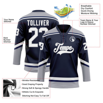 Custom Navy White-Gray Hockey Lace Neck Jersey - Sky-Custom