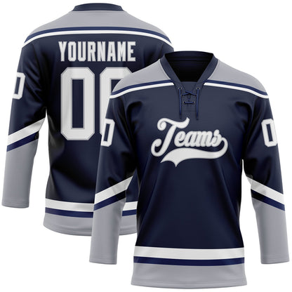 Custom Navy White-Gray Hockey Lace Neck Jersey - Sky-Custom