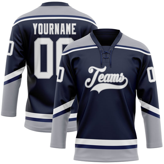 Custom Navy White-Gray Hockey Lace Neck Jersey - Sky-Custom