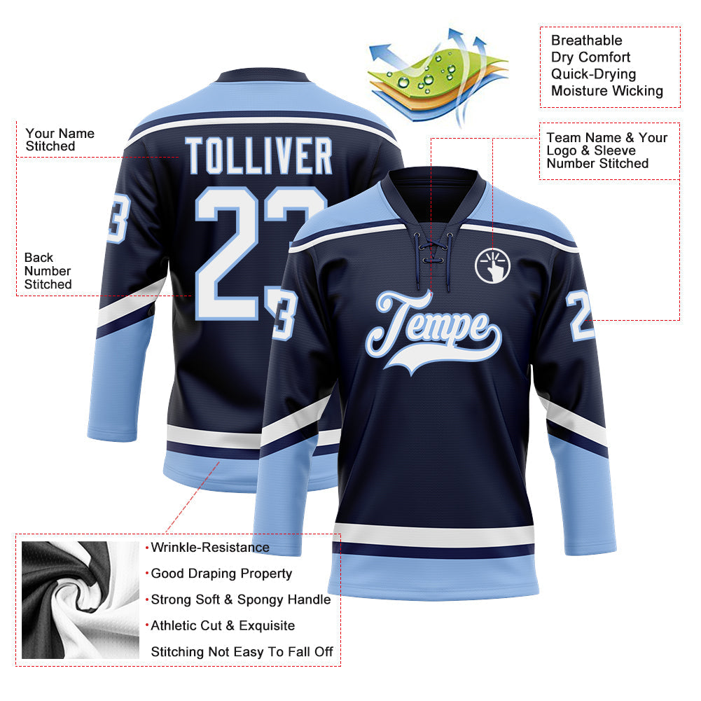 Custom Navy White-Light Blue Hockey Lace Neck Jersey - Sky-Custom
