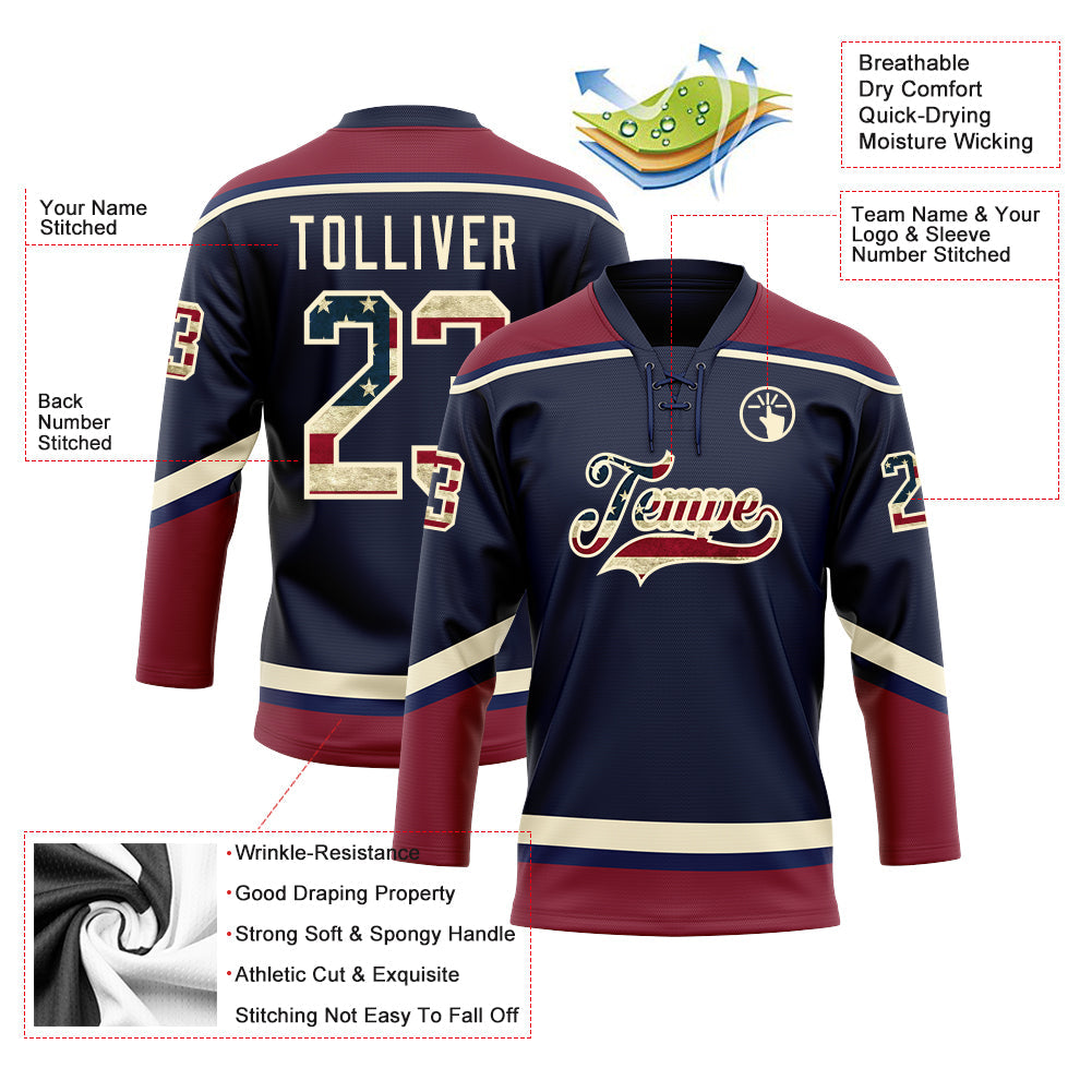 Custom Navy Vintage USA Flag Crimson-Cream Hockey Lace Neck Jersey - Sky-Custom