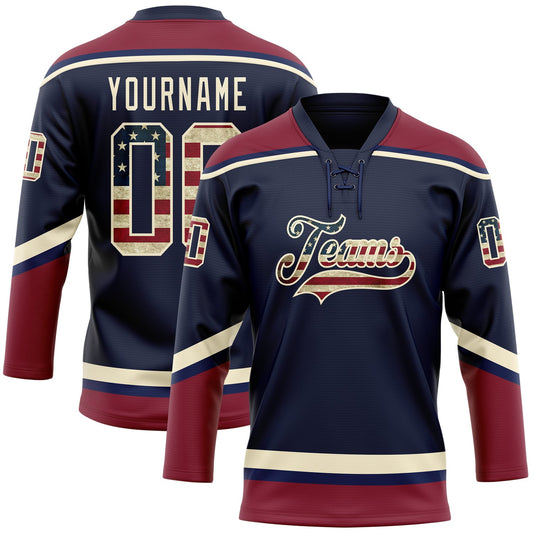 Custom Navy Vintage USA Flag Crimson-Cream Hockey Lace Neck Jersey - Sky-Custom