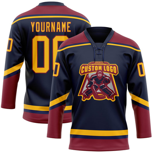 Custom Navy Gold-Crimson Hockey Lace Neck Jersey - Sky-Custom
