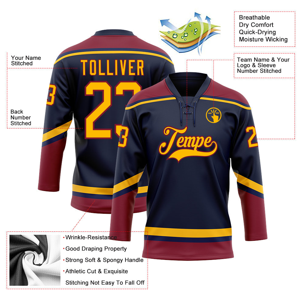 Custom Navy Gold-Crimson Hockey Lace Neck Jersey - Sky-Custom