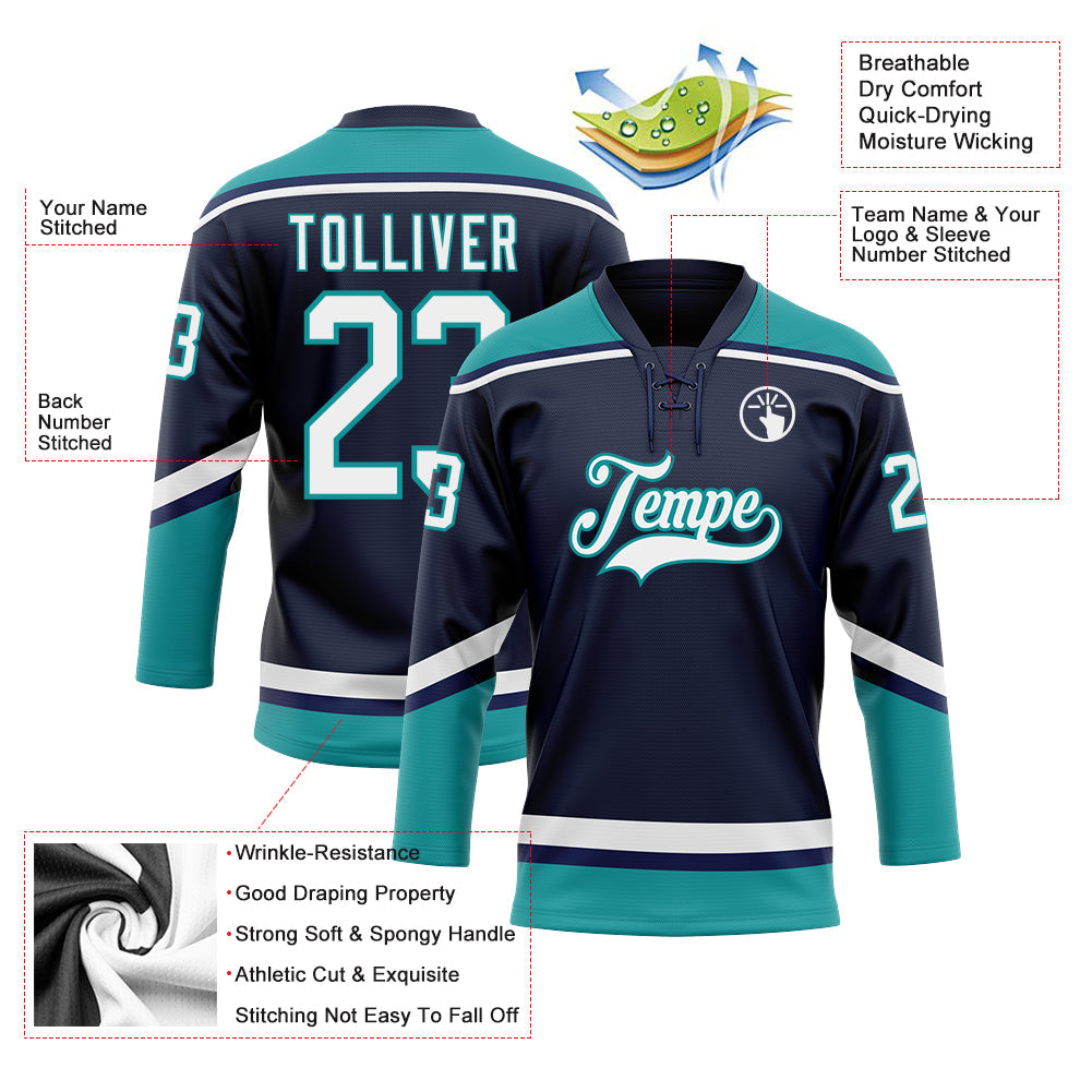 Custom Navy White-Teal Hockey Lace Neck Jersey - Sky-Custom