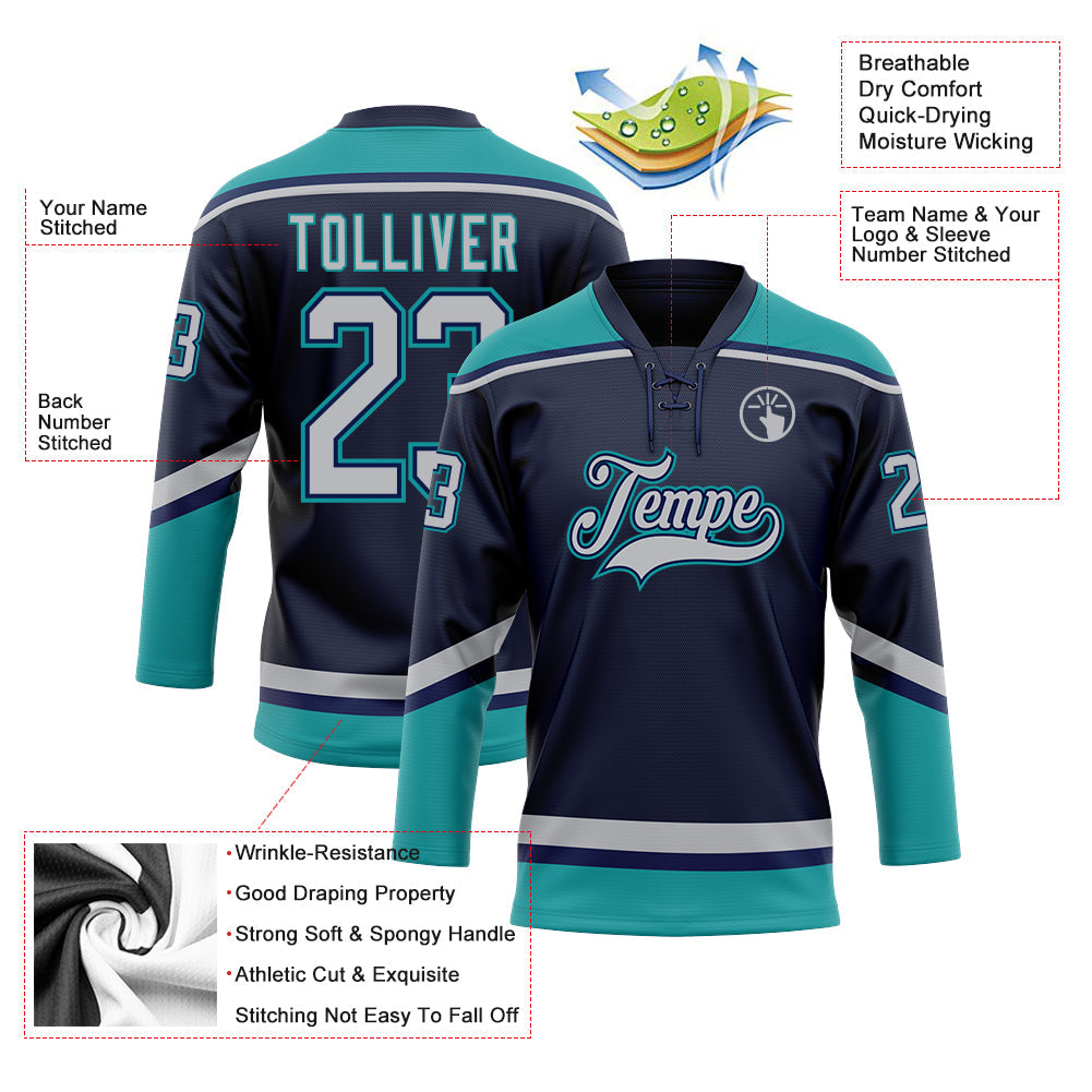 Custom Navy Gray-Teal Hockey Lace Neck Jersey - Sky-Custom