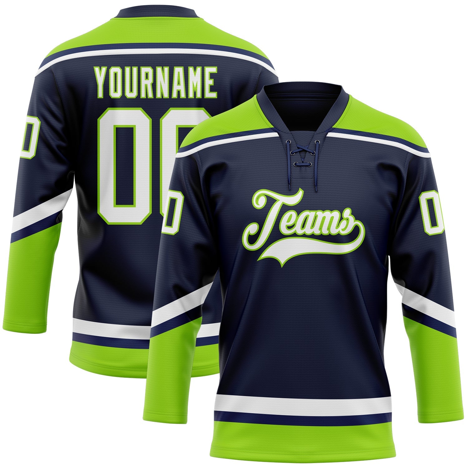 Custom Navy White-Neon Green Hockey Lace Neck Jersey - Sky-Custom