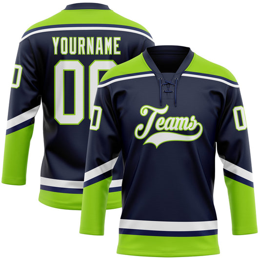 Custom Navy White-Neon Green Hockey Lace Neck Jersey - Sky-Custom