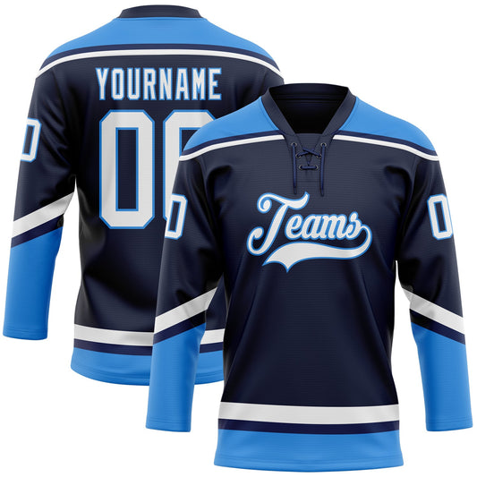 Custom Navy White-Powder Blue Hockey Lace Neck Jersey - Sky-Custom